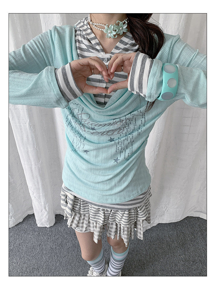 Draped Stripe-Collar Faux-Layer Long-Sleeve Top