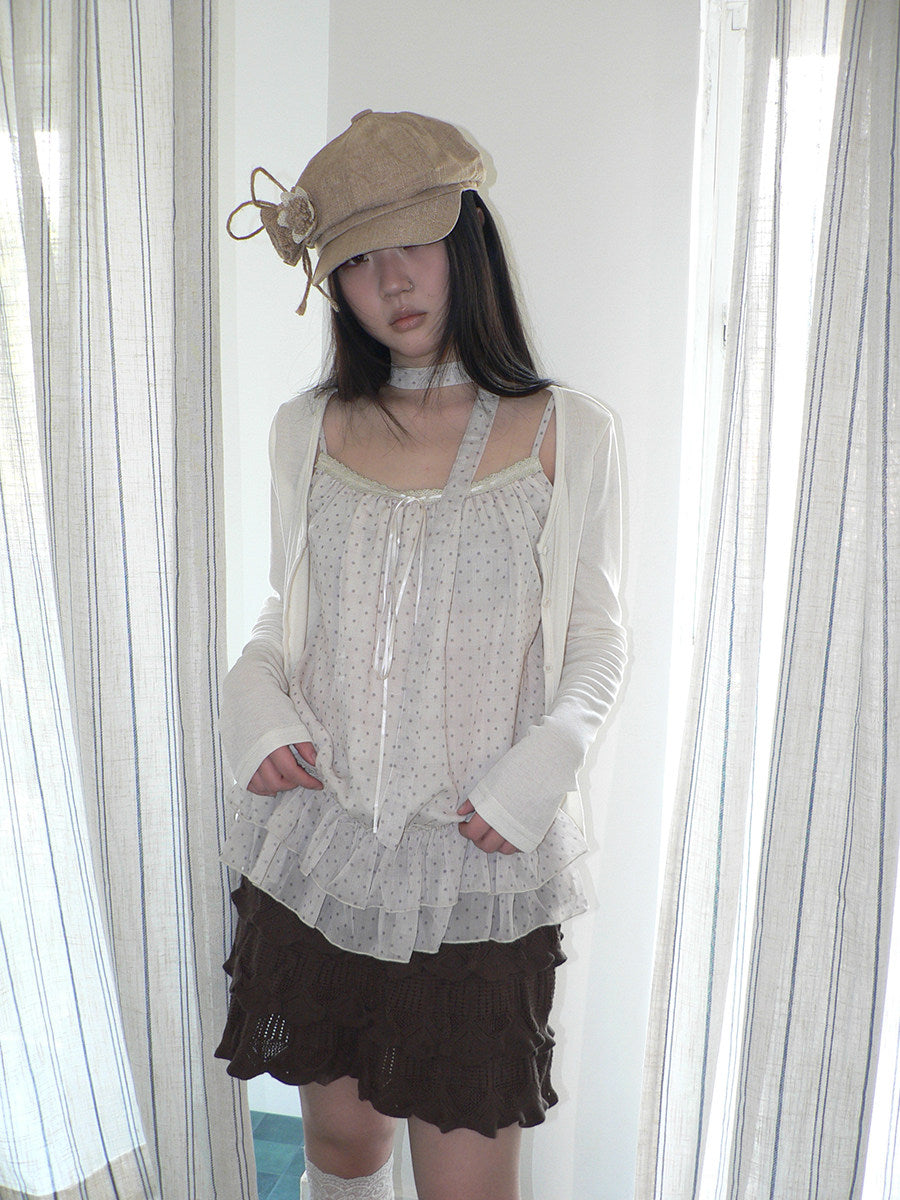 Polka Dot Ruffle Camisole & Cardigan Set with Scarf