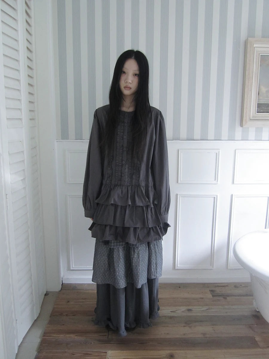 Ruffle-Trim Button Tiered Long Sleeve Tunic Top