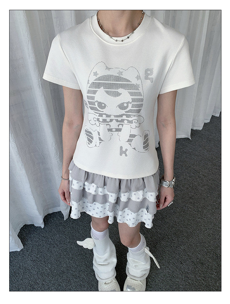 【rejio】Pixel Cat Grafik-T-Shirt (Weiß)