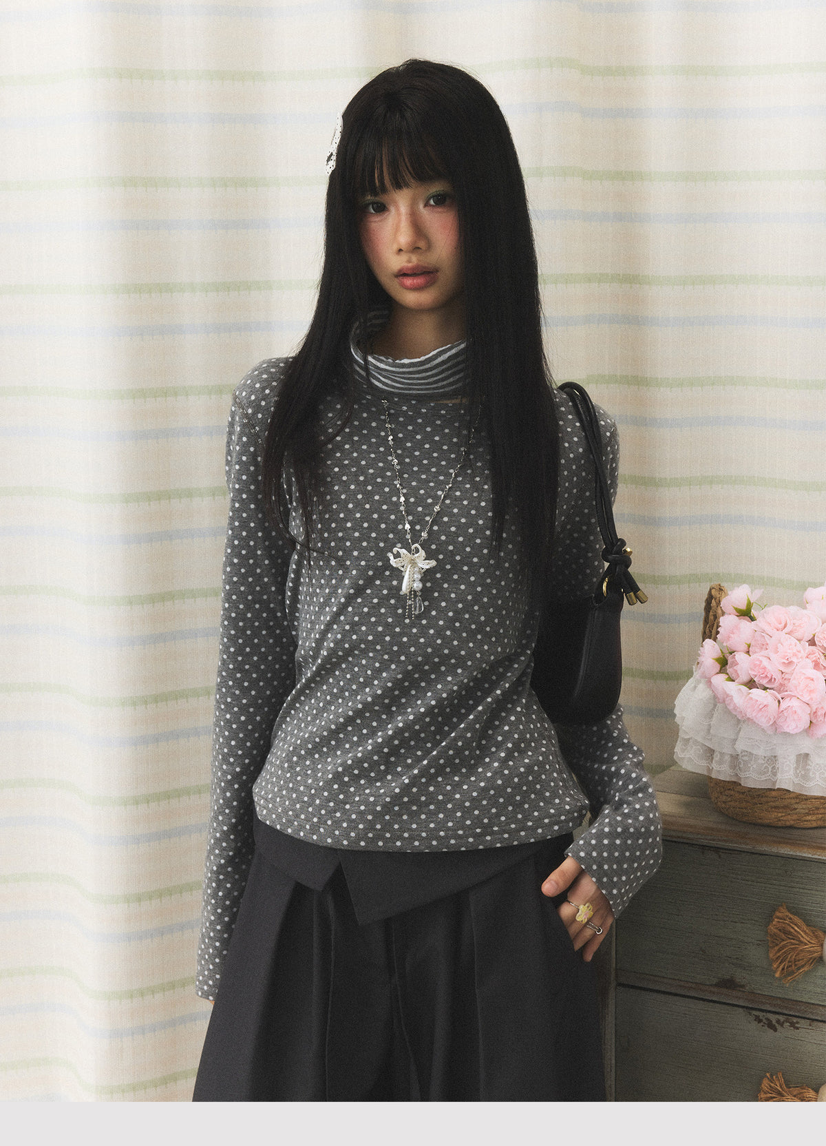 Polka Dot Contrast Turtleneck Long Sleeve Top