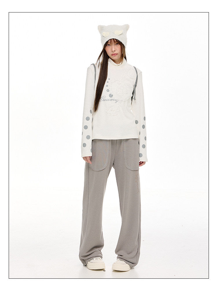 Lace Music Note Appliqué Mock Neck Long Sleeve Top