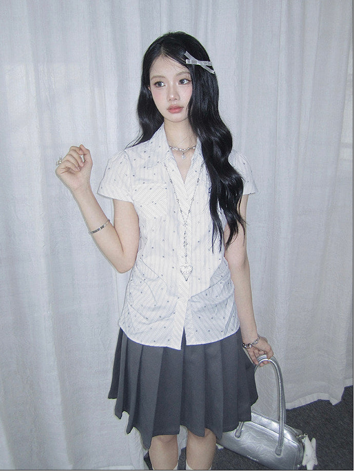 Silver Dot Pinstripe Fitted Short-Sleeve Shirt