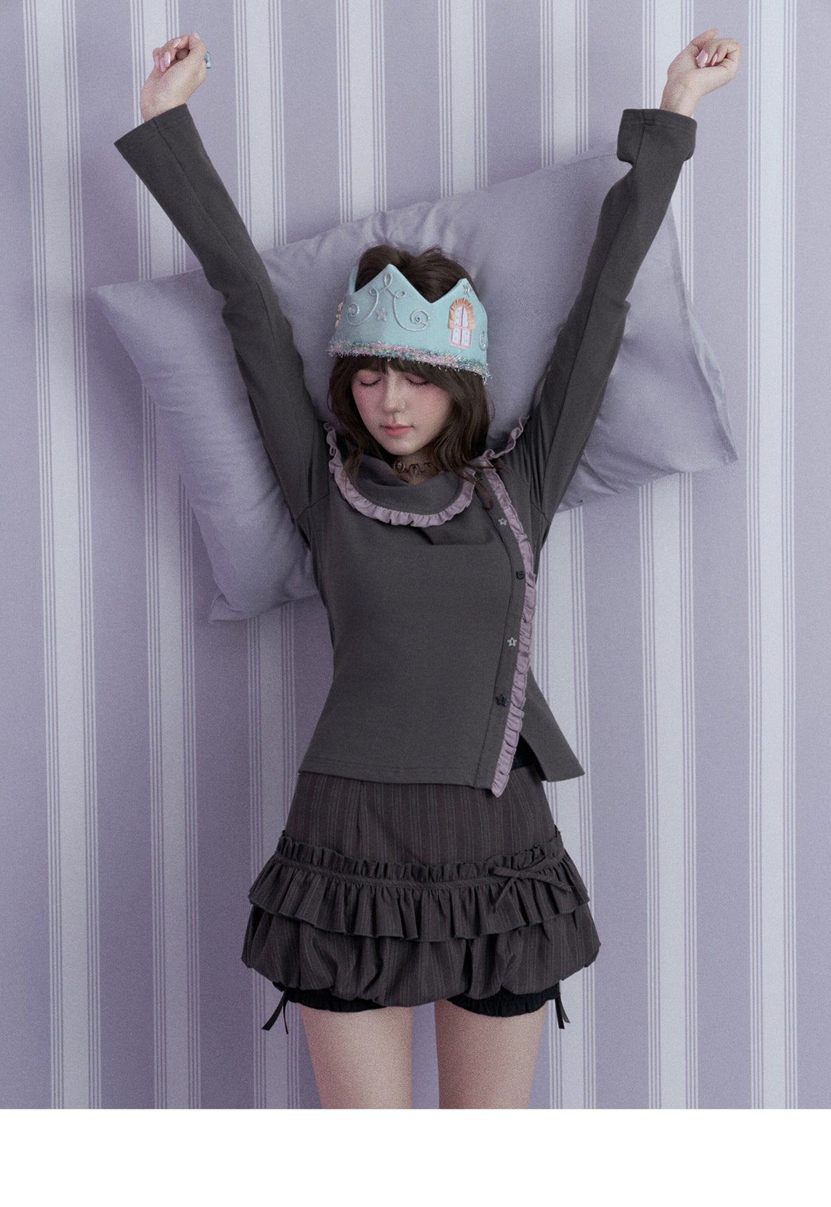 Double-Waist Pinstripe Ruffle Bubble-Hem Skort