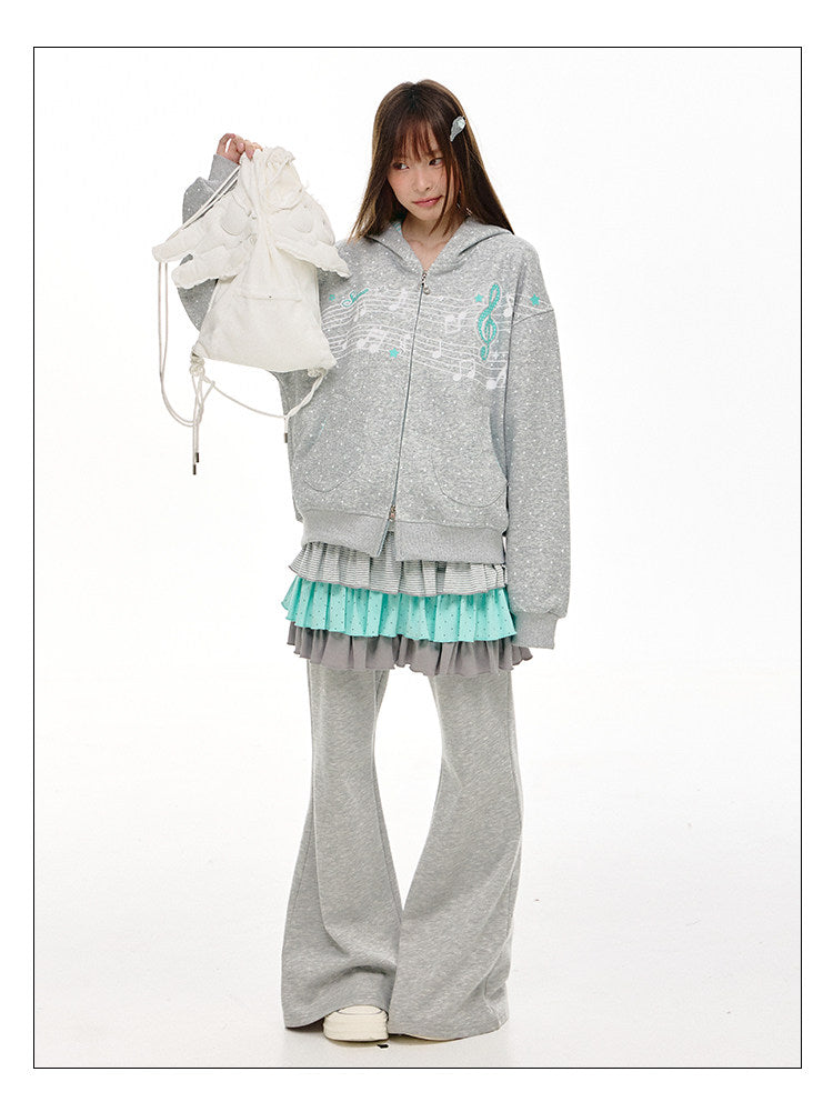 Gray Melody Polka Dot Graphic Zip Hoodie