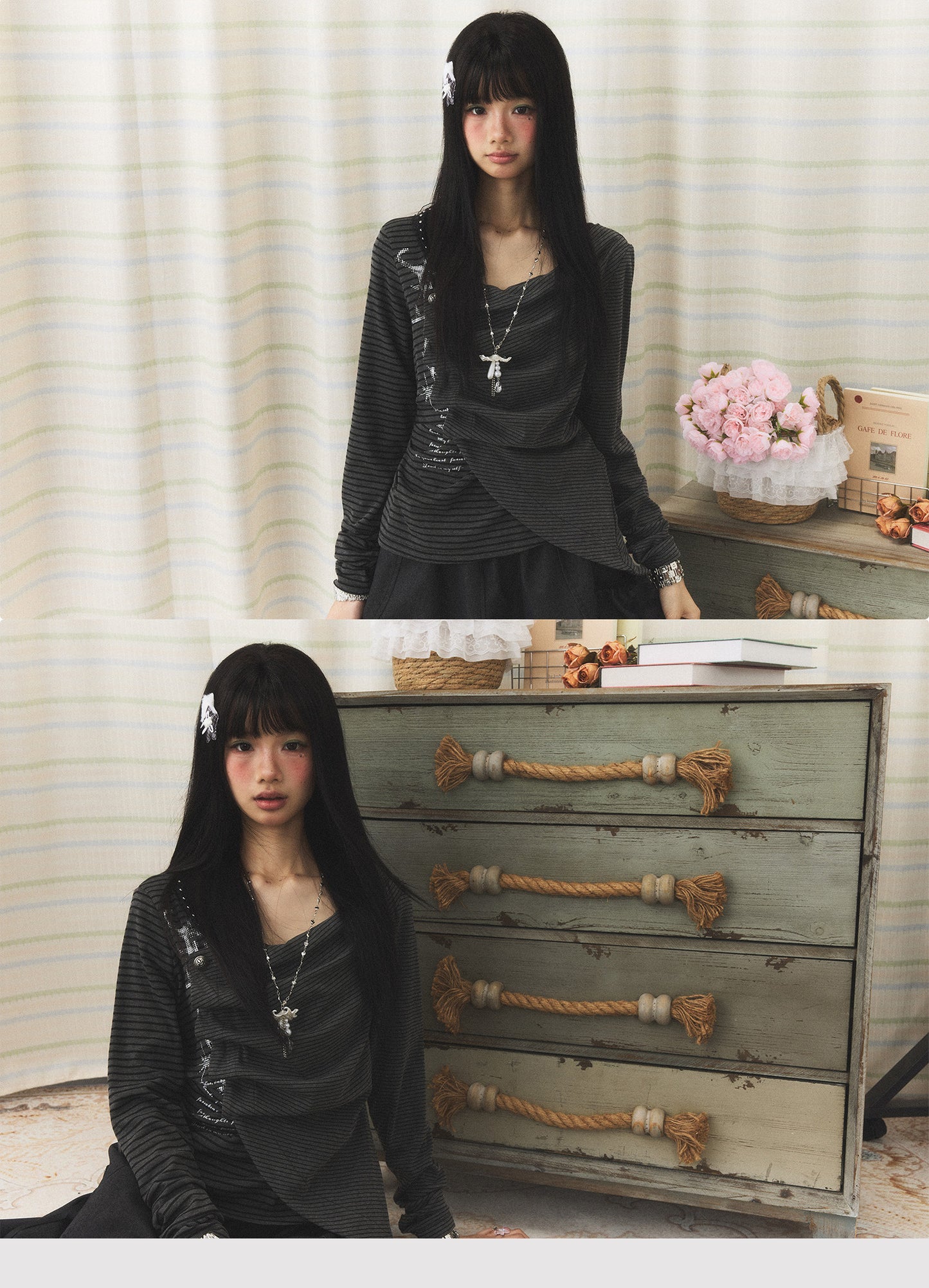 Charcoal Stripe Studded Draped-Neck Long-Sleeve Top