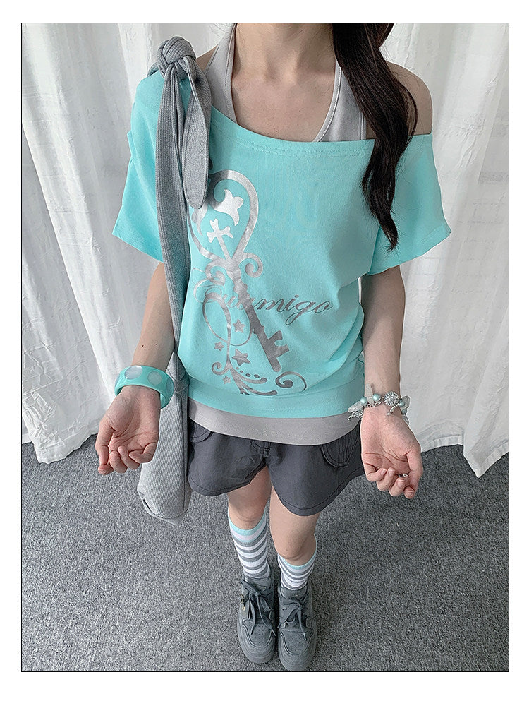 Off-Shoulder Layered Halter Tee