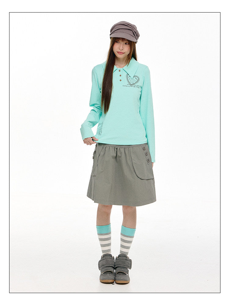 Mint Heart Graphic Long Sleeve Polo Top