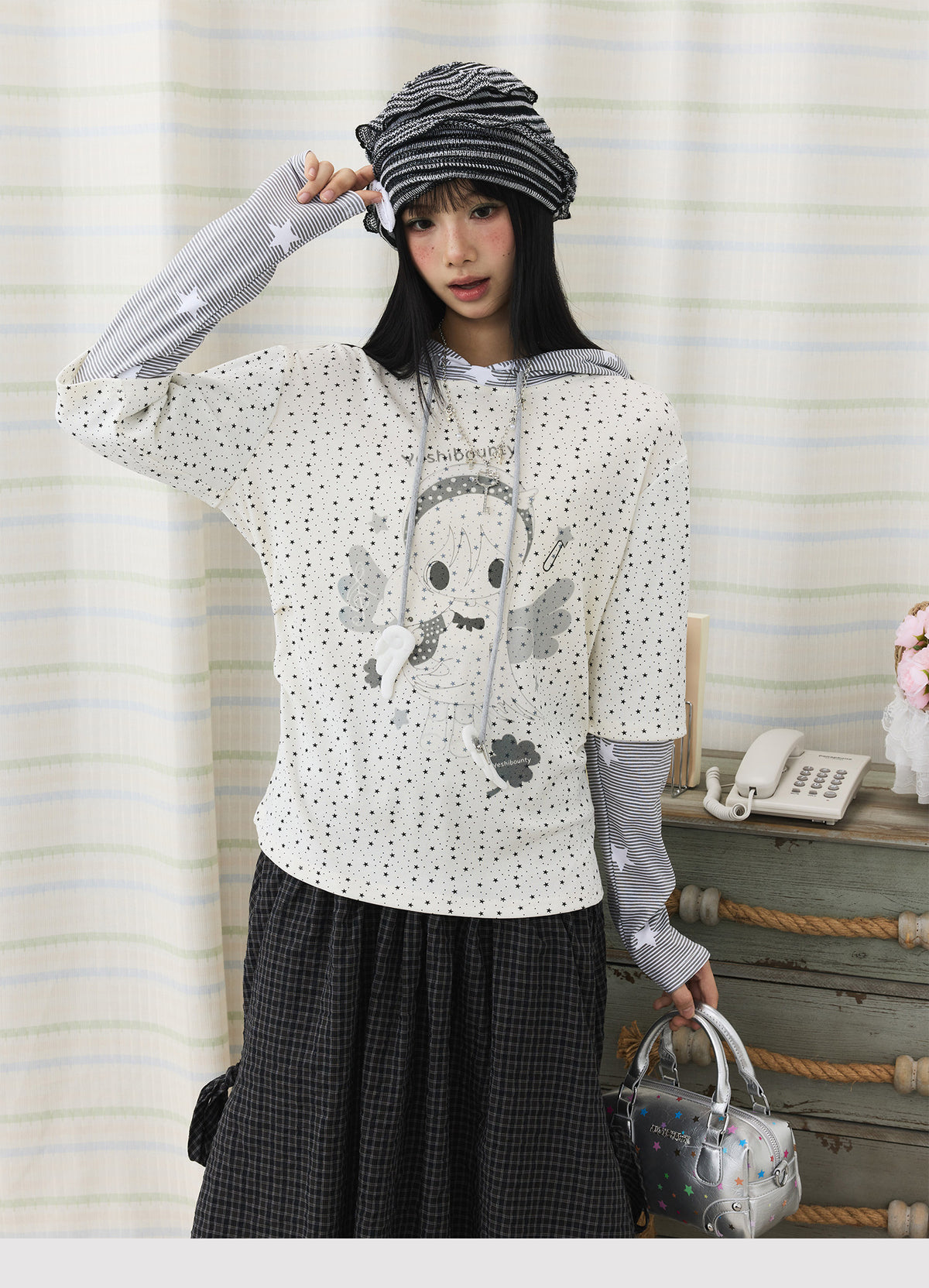 Cartoon Star Print Faux-Layer Hooded Top