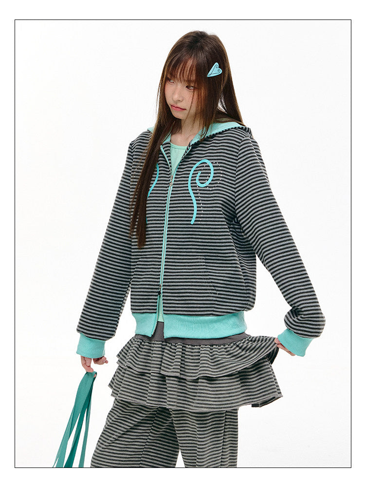Mint Contrast Stripe Double-Zip Hoodie