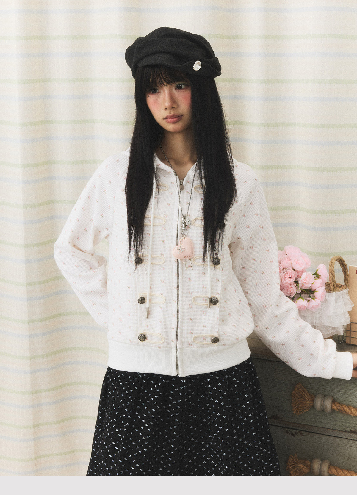 Floral Waffle Toggle Zip-Up Hoodie