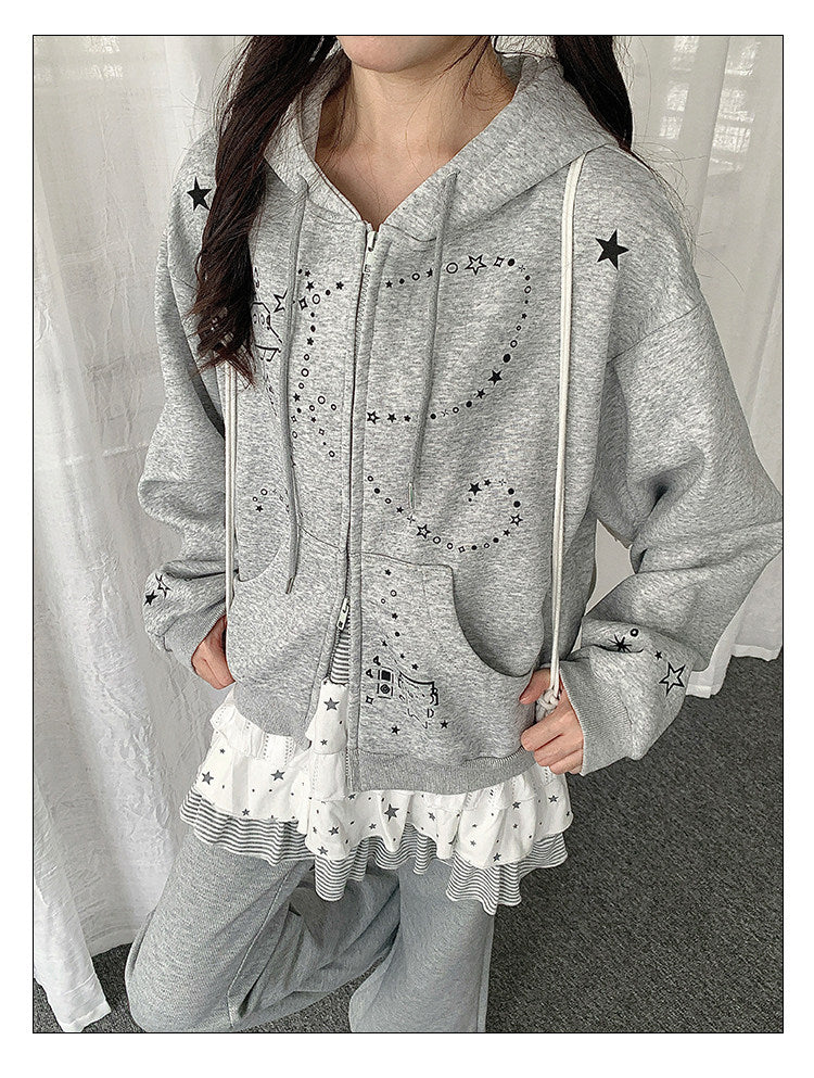 Bunny-Ear Star Doodle Zip-Up Hoodie