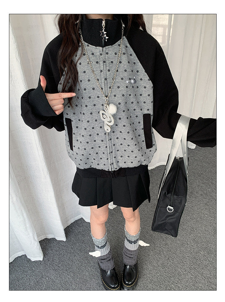 Contrast Polka Dot Zip-Up Jacket