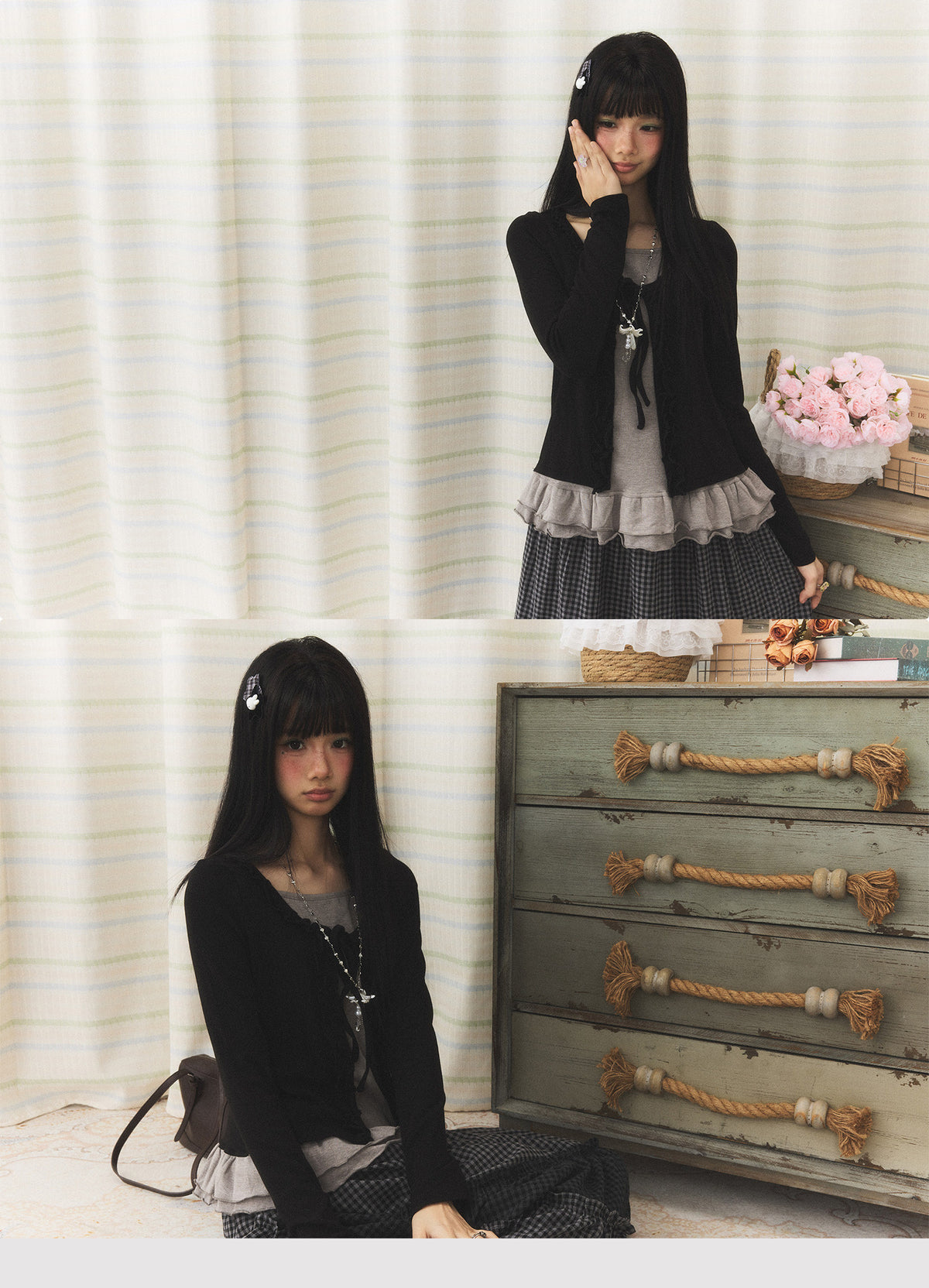 Ruffle Hem Tie-Front Faux-Layered Long Sleeve Top