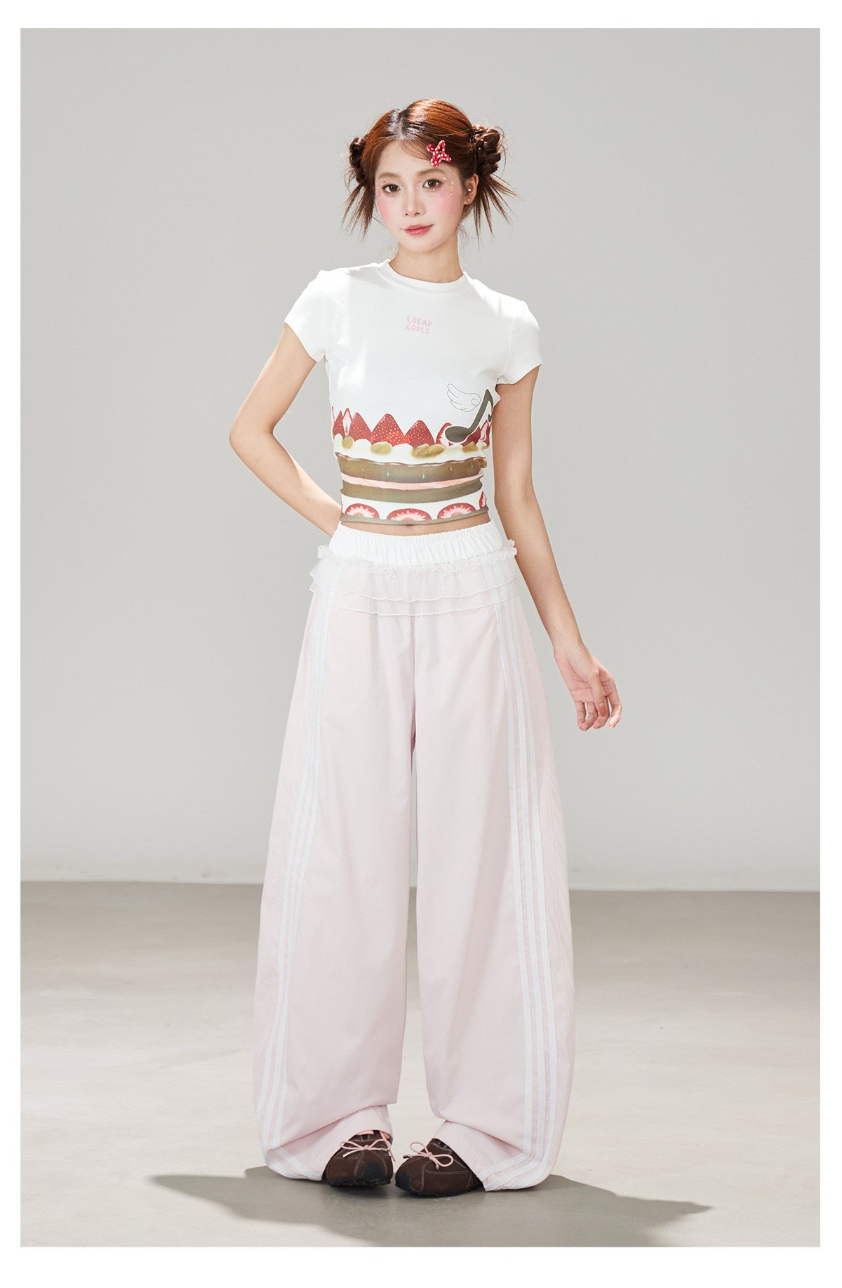Ruffle Waist Side Stripe Wide-Leg Pants