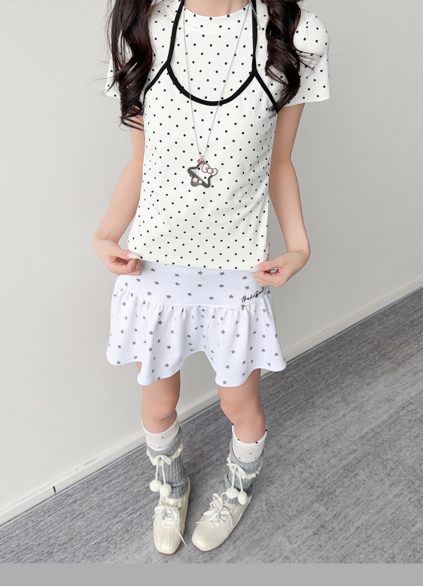Polka Dot Faux-Layer Halter Fitted Tee