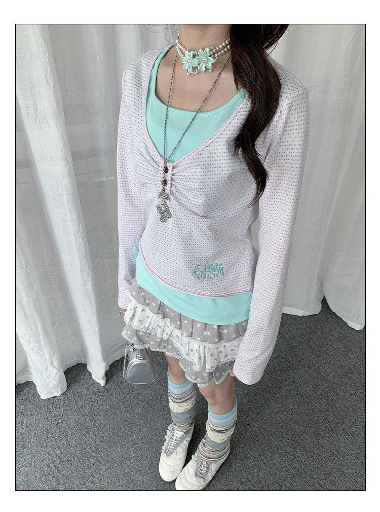 Mint Dot Ruched Faux-Layer Long-Sleeve Top