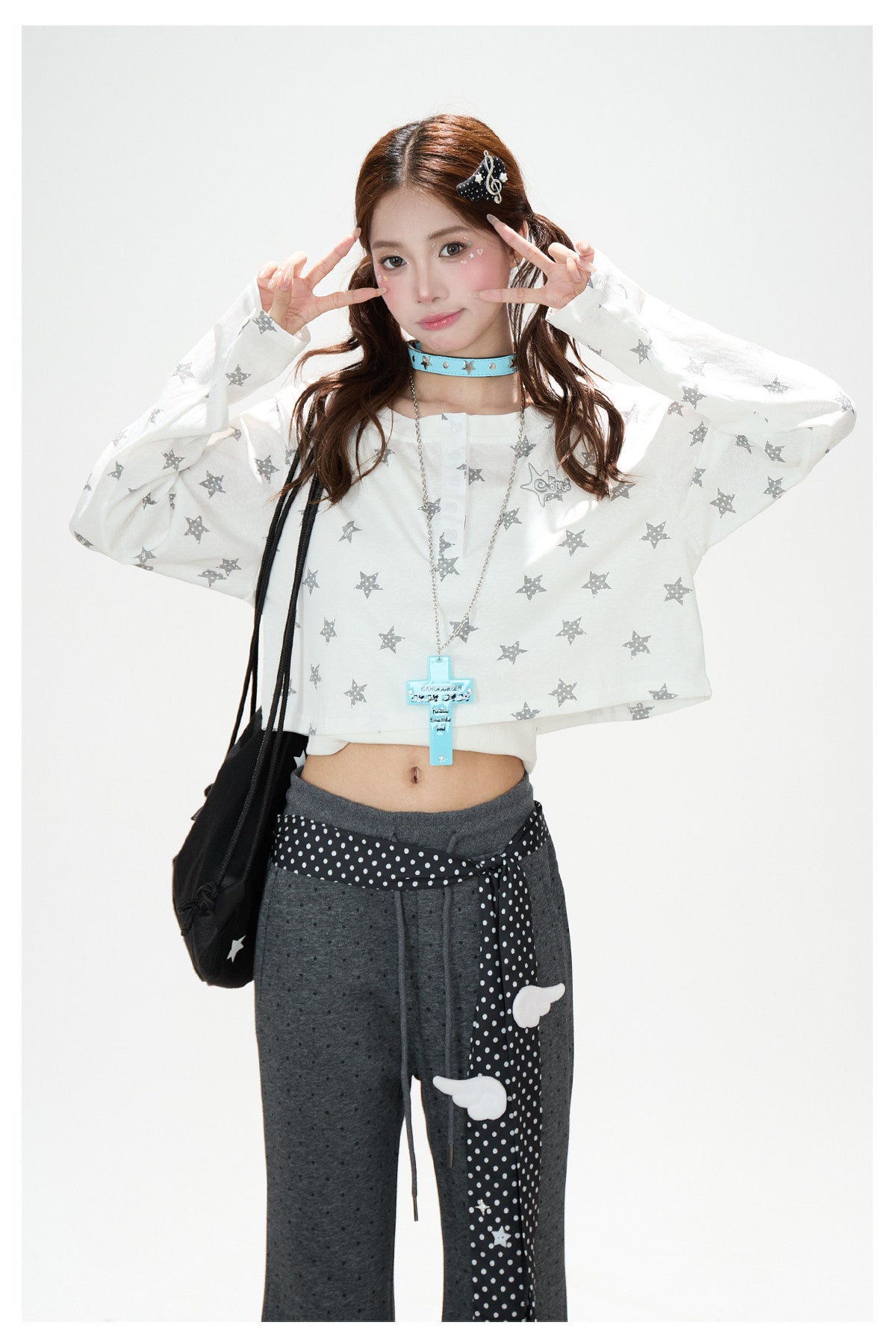 Allover Star Cropped Long Sleeve Top & Dark Heather Gray Wide Leg Pants