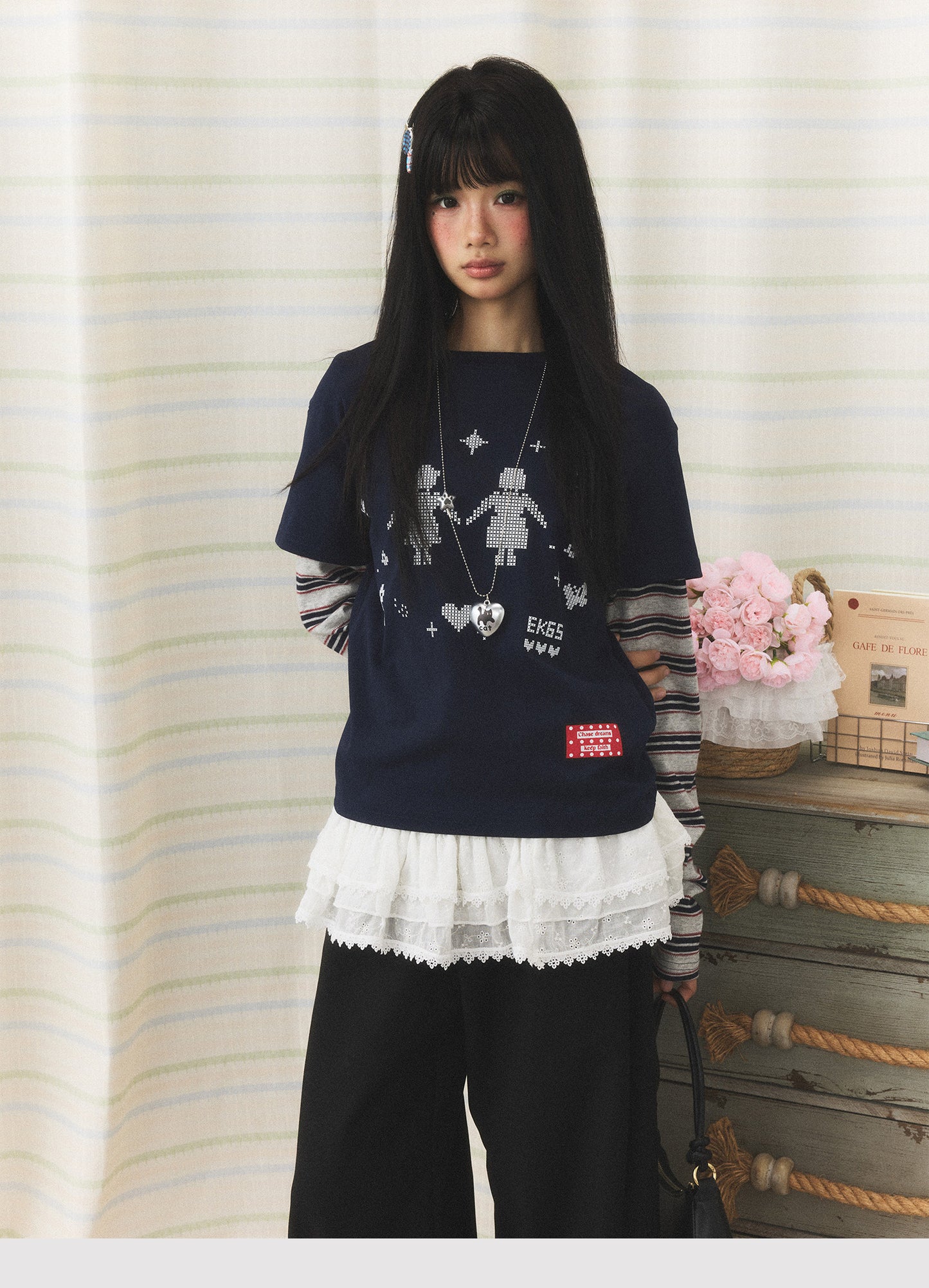 Navy Pixel Girl Stripe Faux-Layer Long-Sleeve Tee