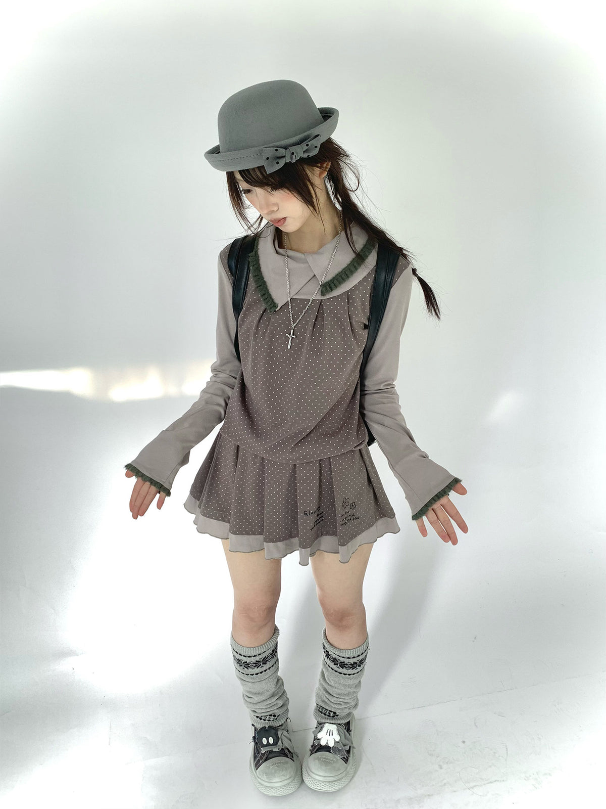 Gray Khaki Polka Dot Faux-Layer Pleated Mini Dress
