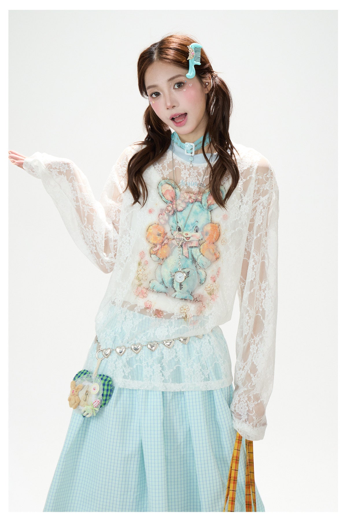 Bunny Sheer Lace Long Sleeve Top & Mint Plaid A-Line Skirt