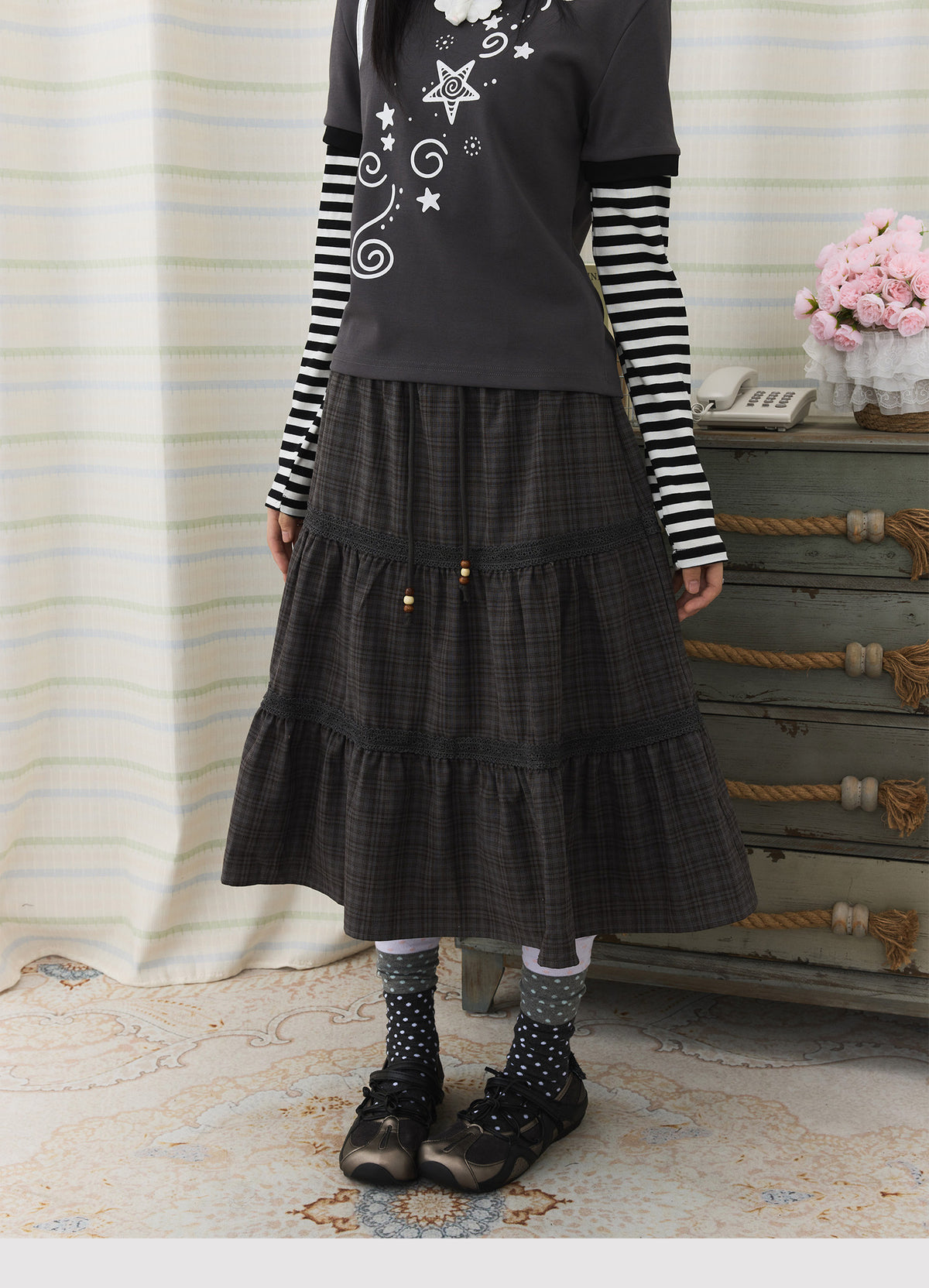 Plaid Tiered Lace Trim Midi Skirt