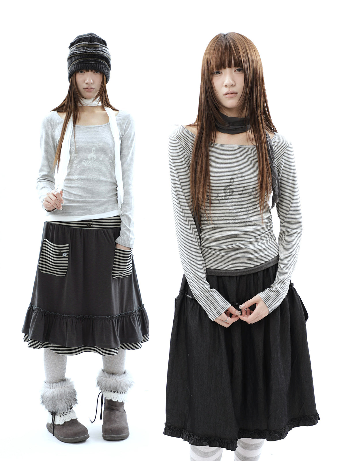 Music Note Striped Layered Long Sleeve Top with Scarf