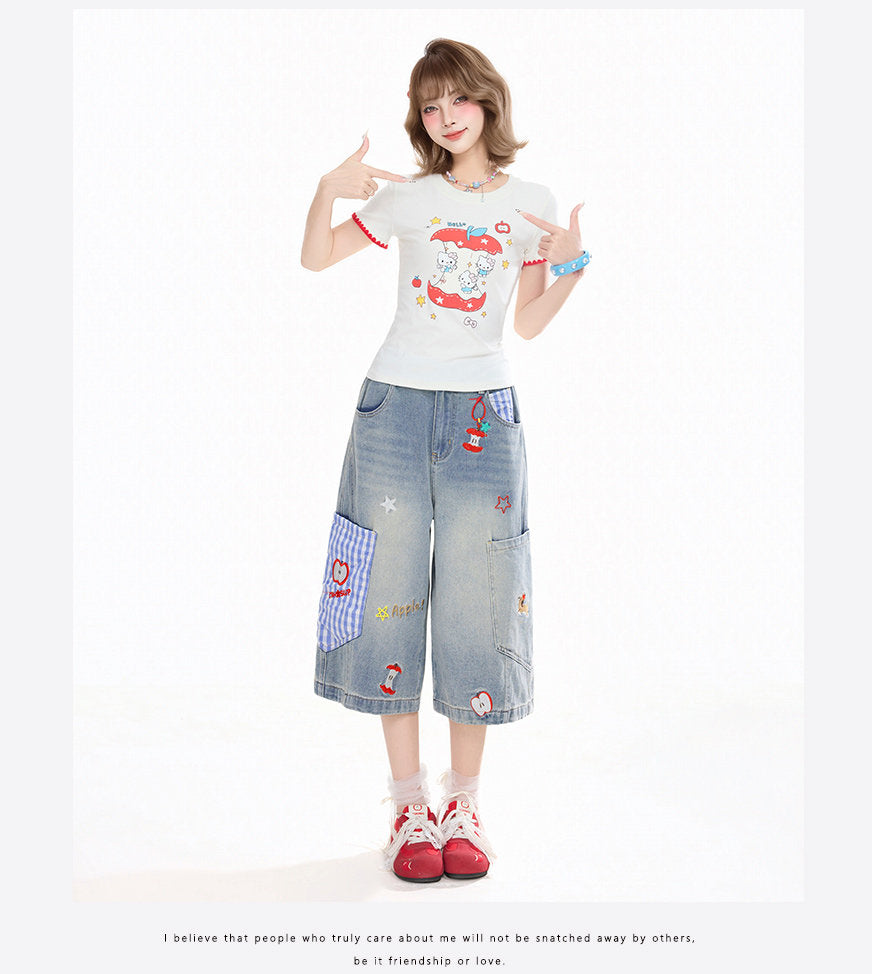 Apple Plaid Cropped Wide-Leg Jeans