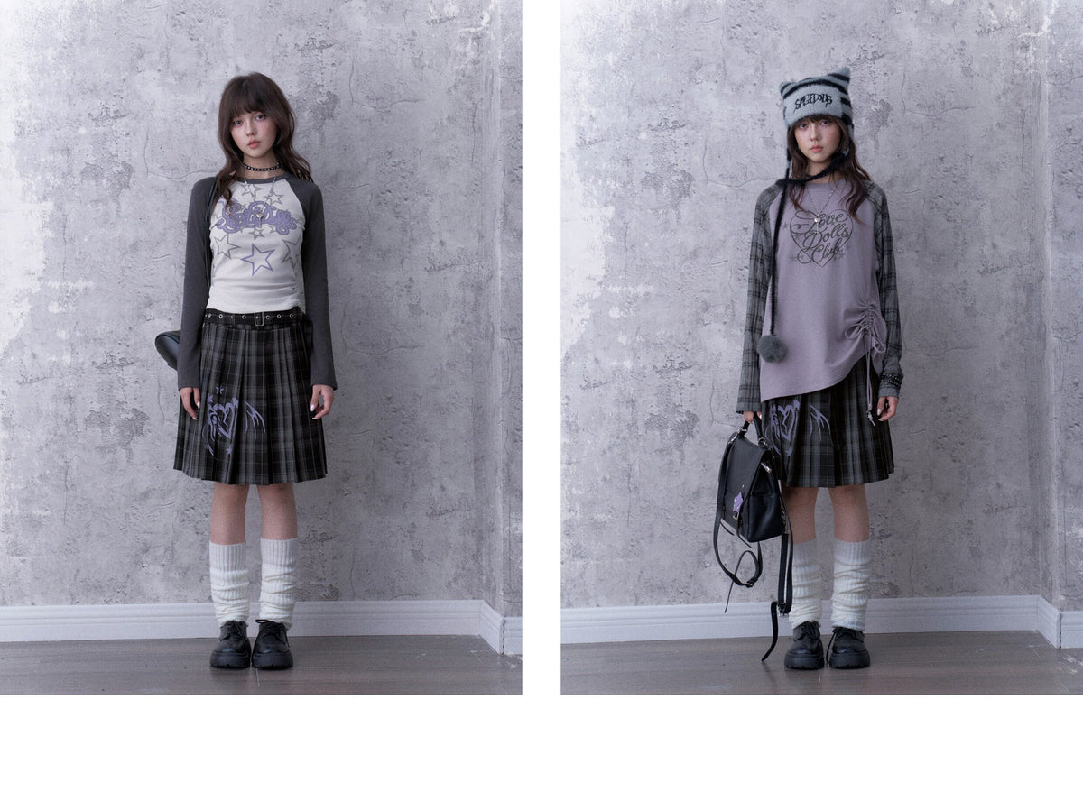 Double-Waist Graphic Plaid Pleated Midi Skirt
