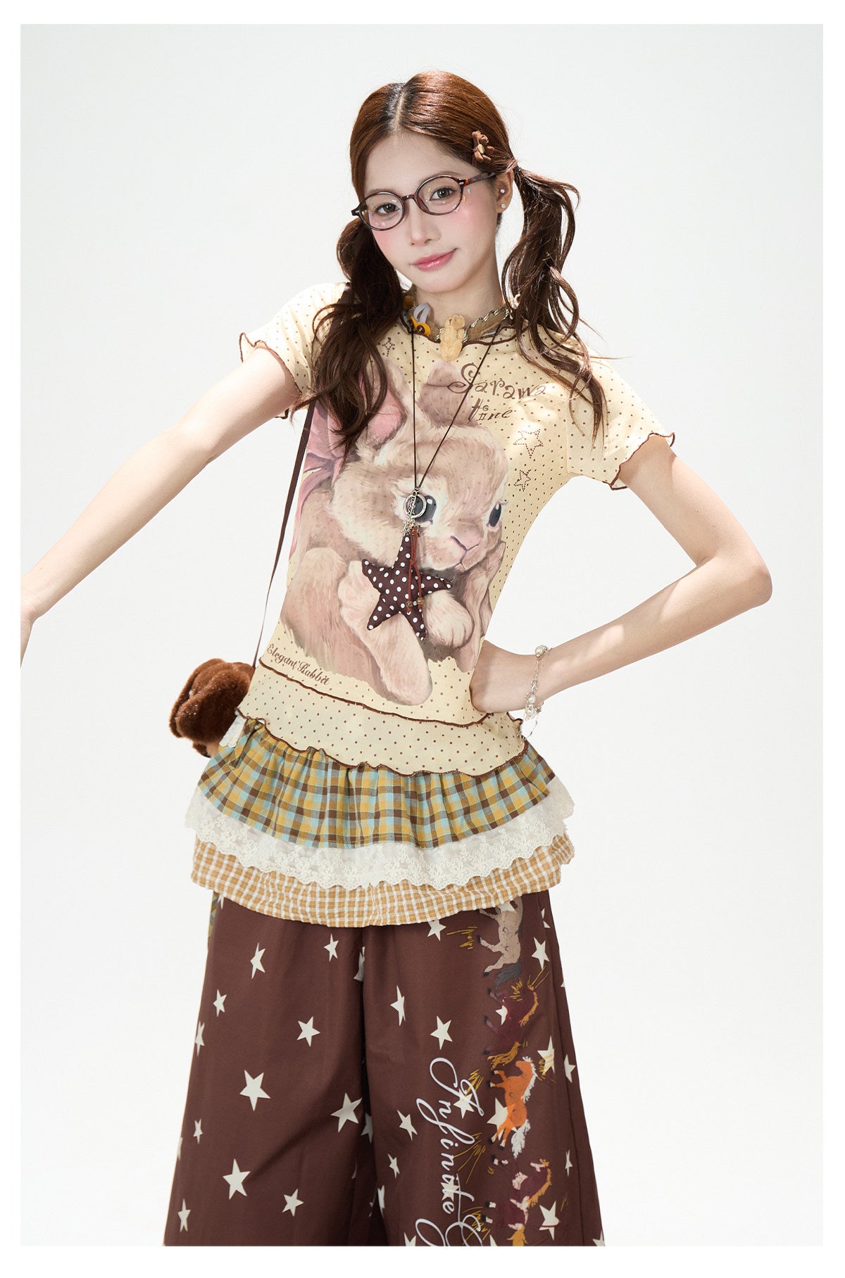 Ribbon Bunny Polka Dot Lettuce-Edge Tee