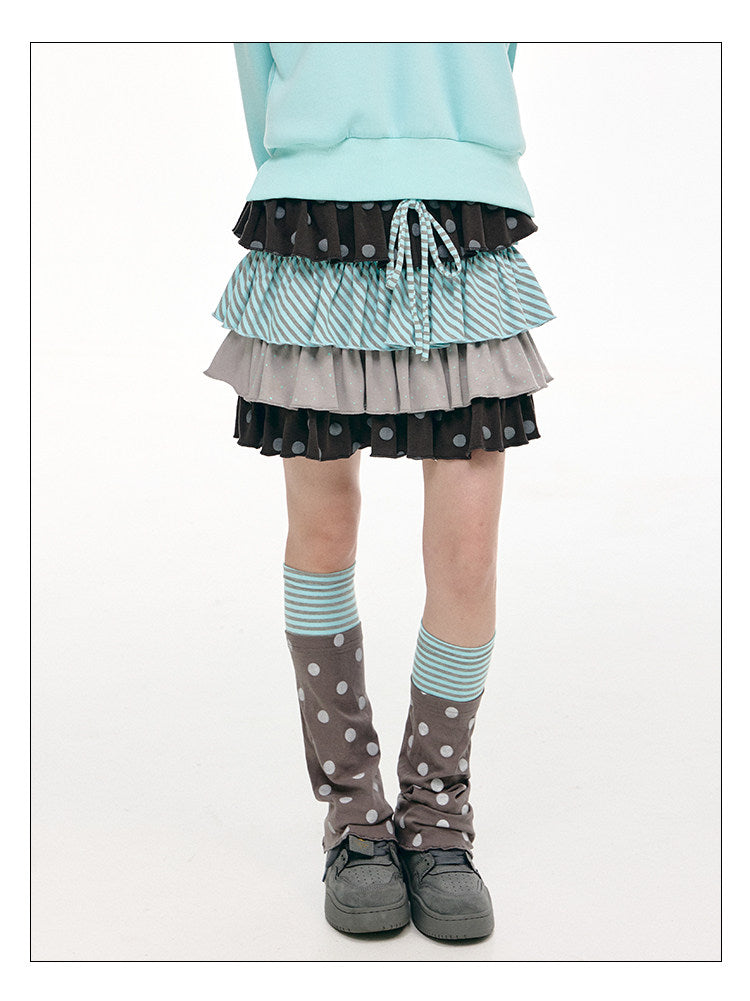 Gray Green Polka Dot & Stripe Tiered Mini Skirt