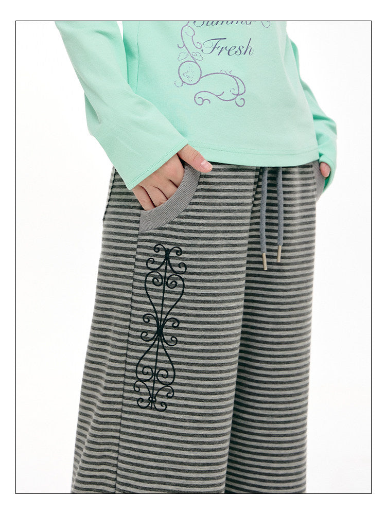 Striped Ruffle-Overlay Wide-Leg Pants
