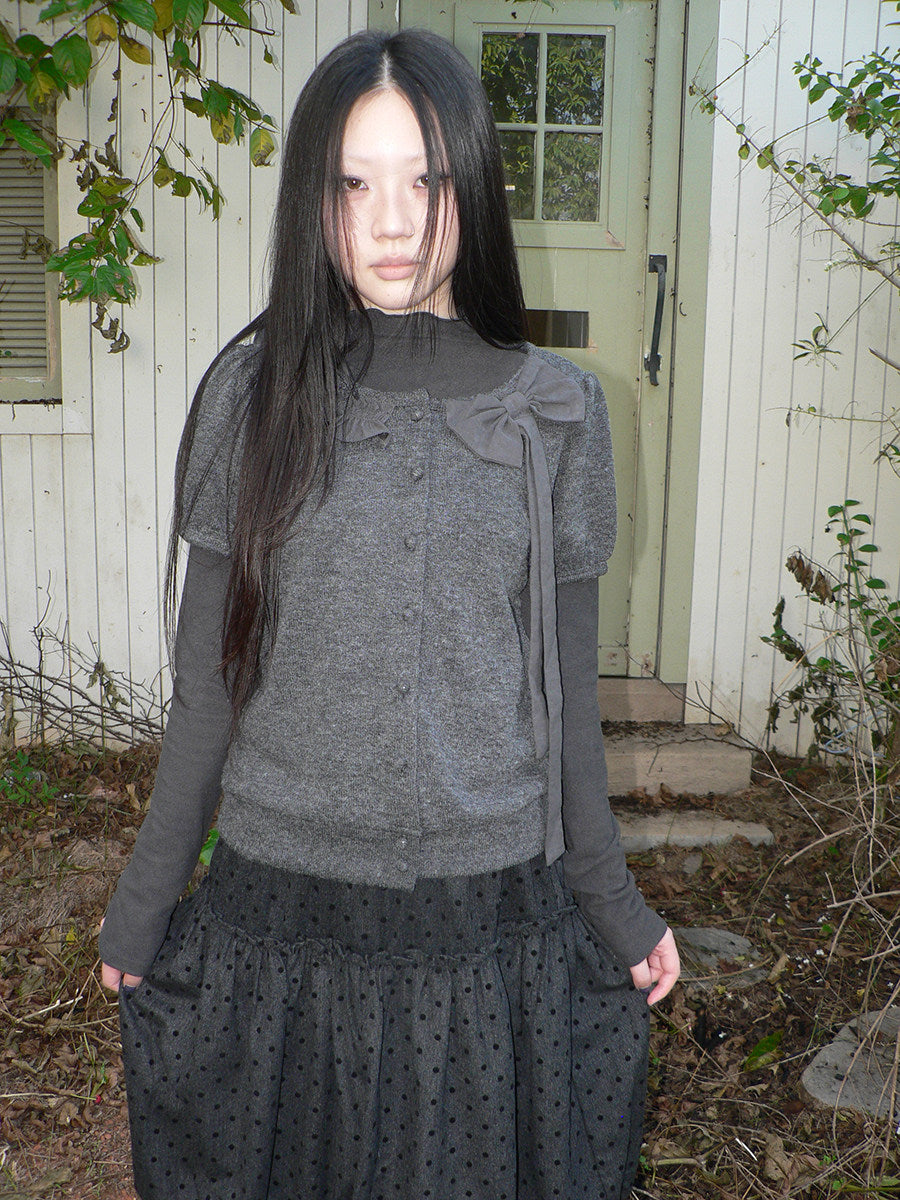 Bow-Detail Knit Cardigan & Long Sleeve Two-Piece Set