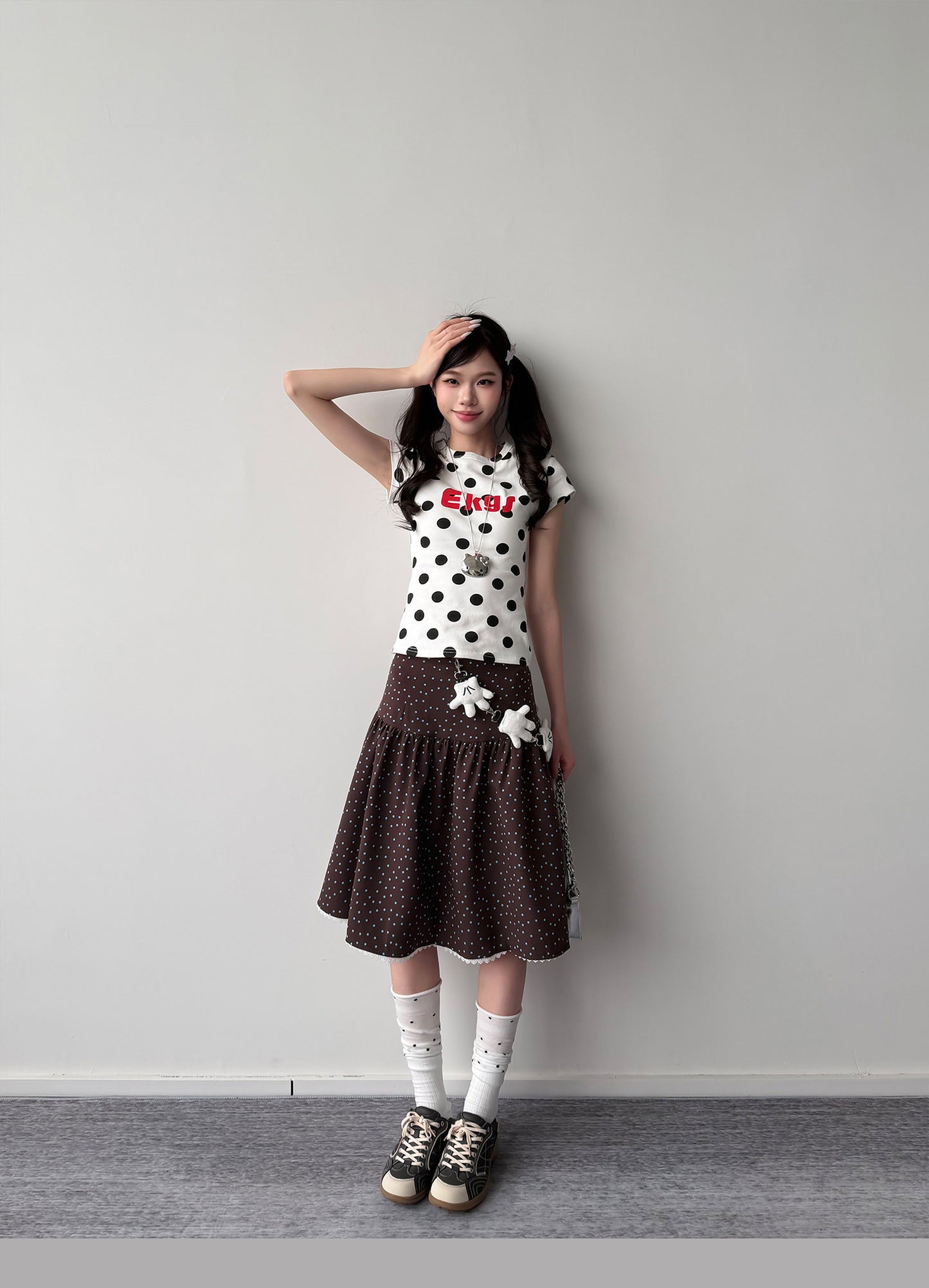 Polka Dot Button Tiered Midi Skirt