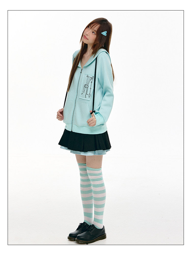 Mint Sailor-Collar Graphic Zip-Up Jacket