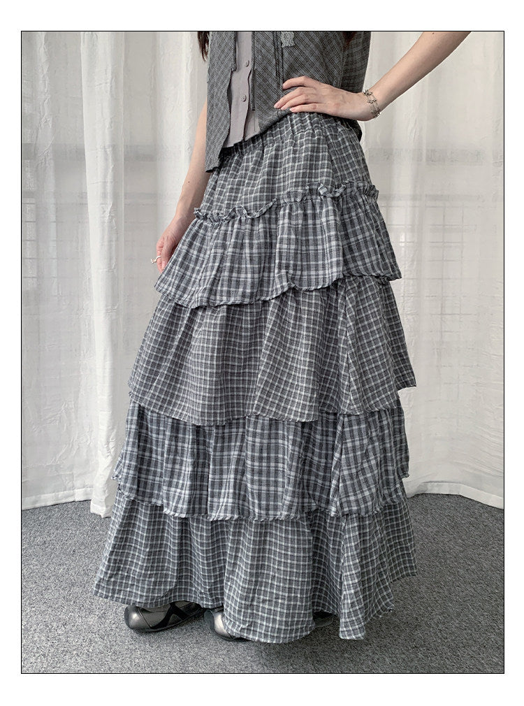 Plaid Patchwork Tiered Maxi Skirt