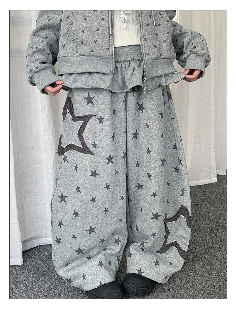 Star Print Detachable Ruffle-Layer Wide-Leg Sweatpants