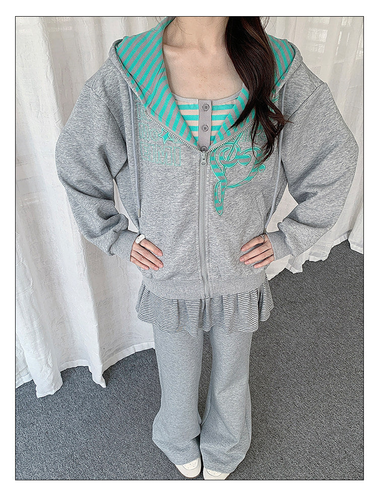 Music Note Embroidered Zip-Up Hoodie