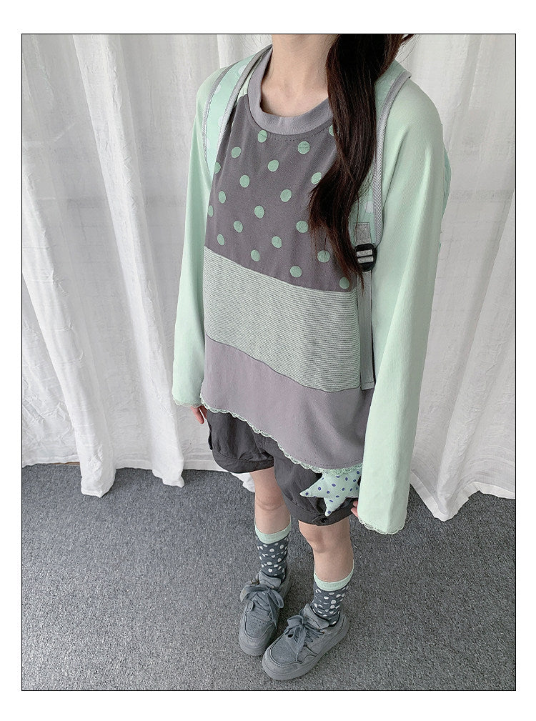Polka Dot Stripe Lace-Trim Patchwork Long Sleeve Top