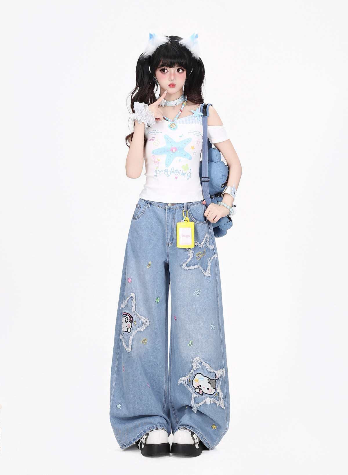 Star Cat Patch Wide-Leg Jeans with Card Holder Charm