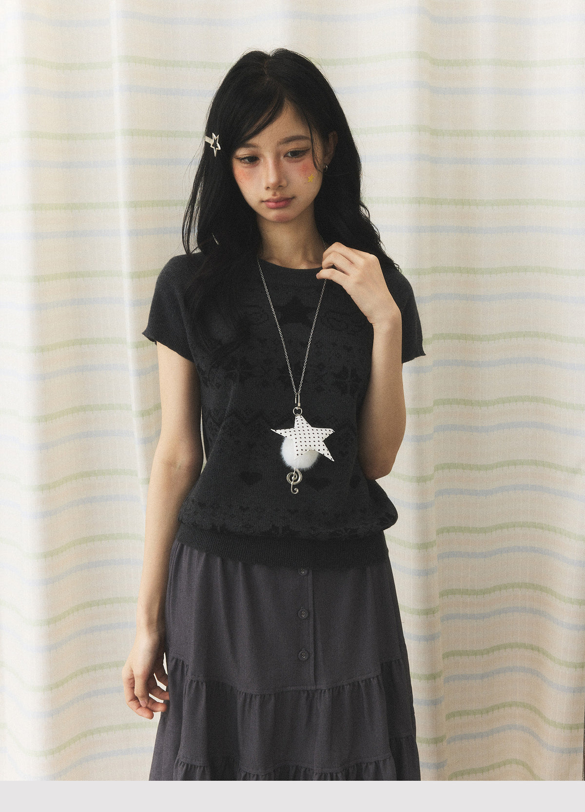 Vintage Jacquard Knit Short Sleeve Top