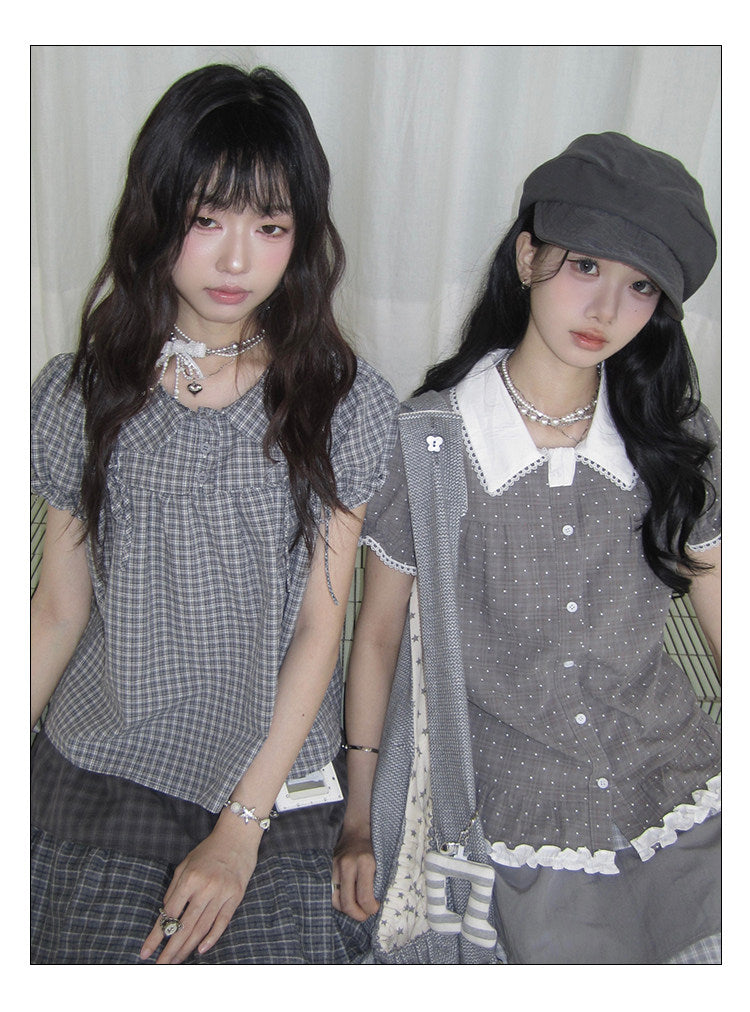 Polka Dot Peter Pan Collar Ruffle-Hem Blouse