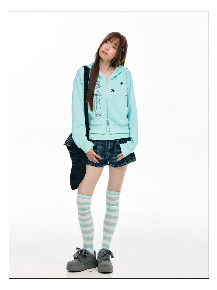 Mint Star Double-Zip Cropped Hoodie