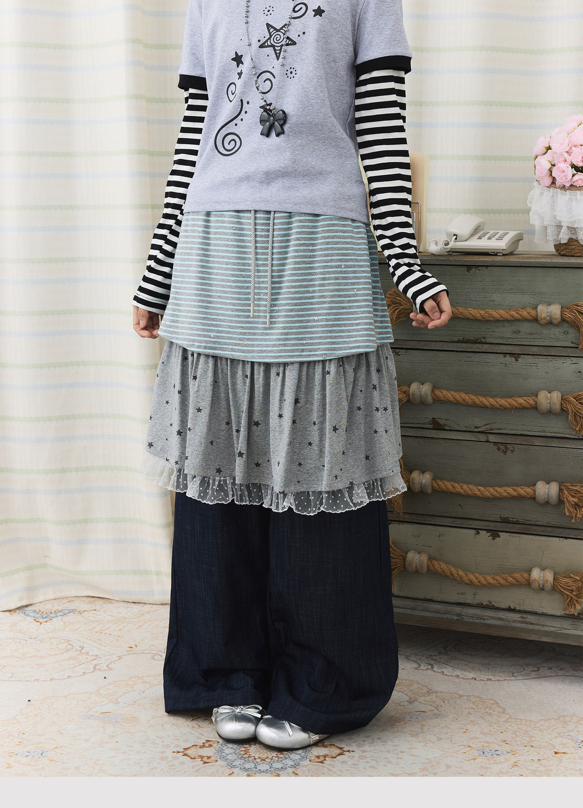 Star Stripe Layered Skirt Wide-Leg Pants