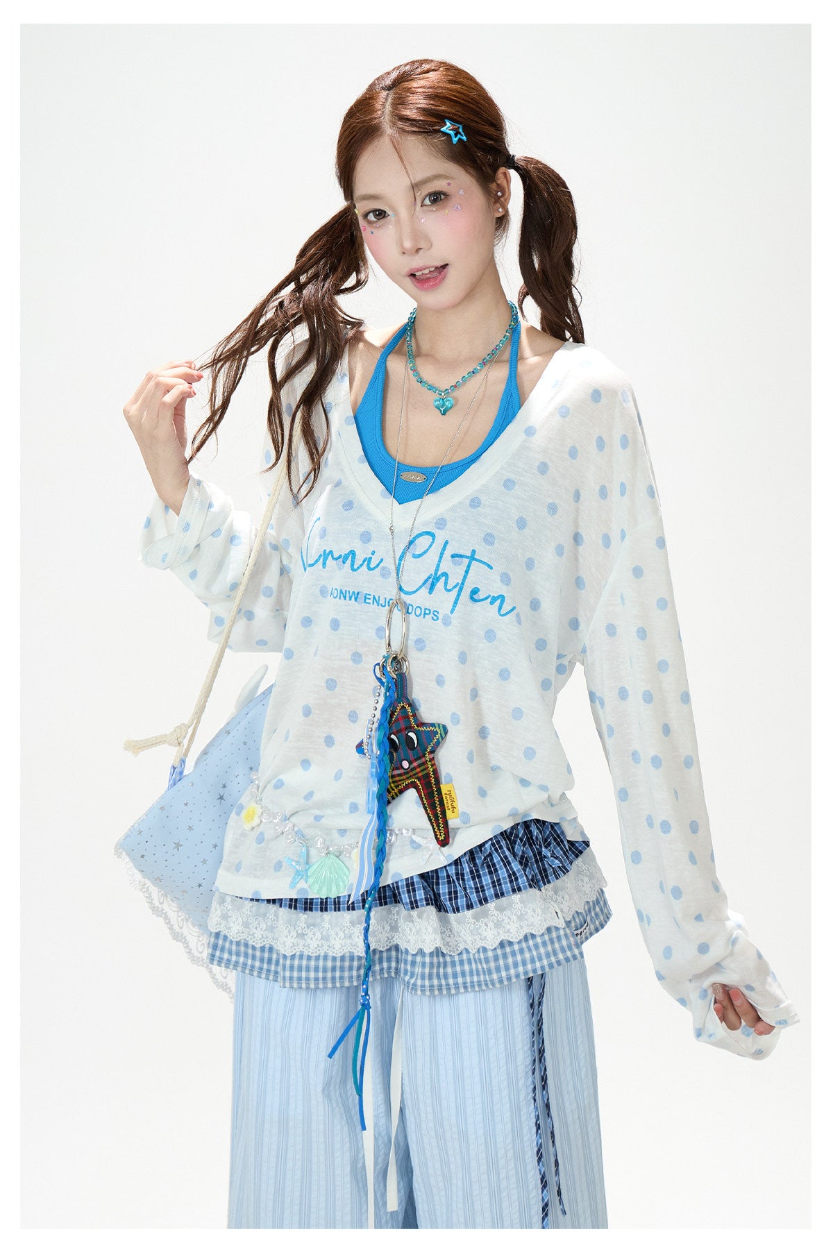 Polka Dot Layered Top & Wide-Leg Pants