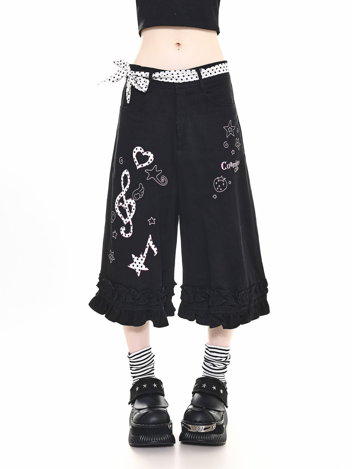 Polka Dot Music Note Ruffle Capri Pants