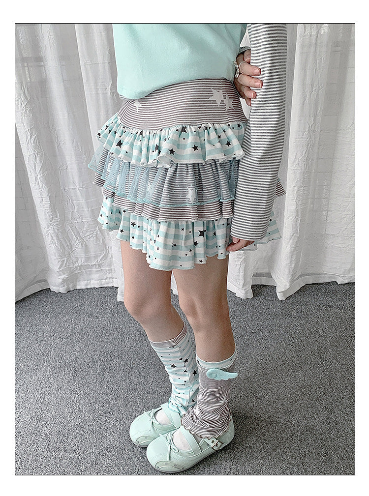 Star Stripe Tiered Ruffle Mini Skirt