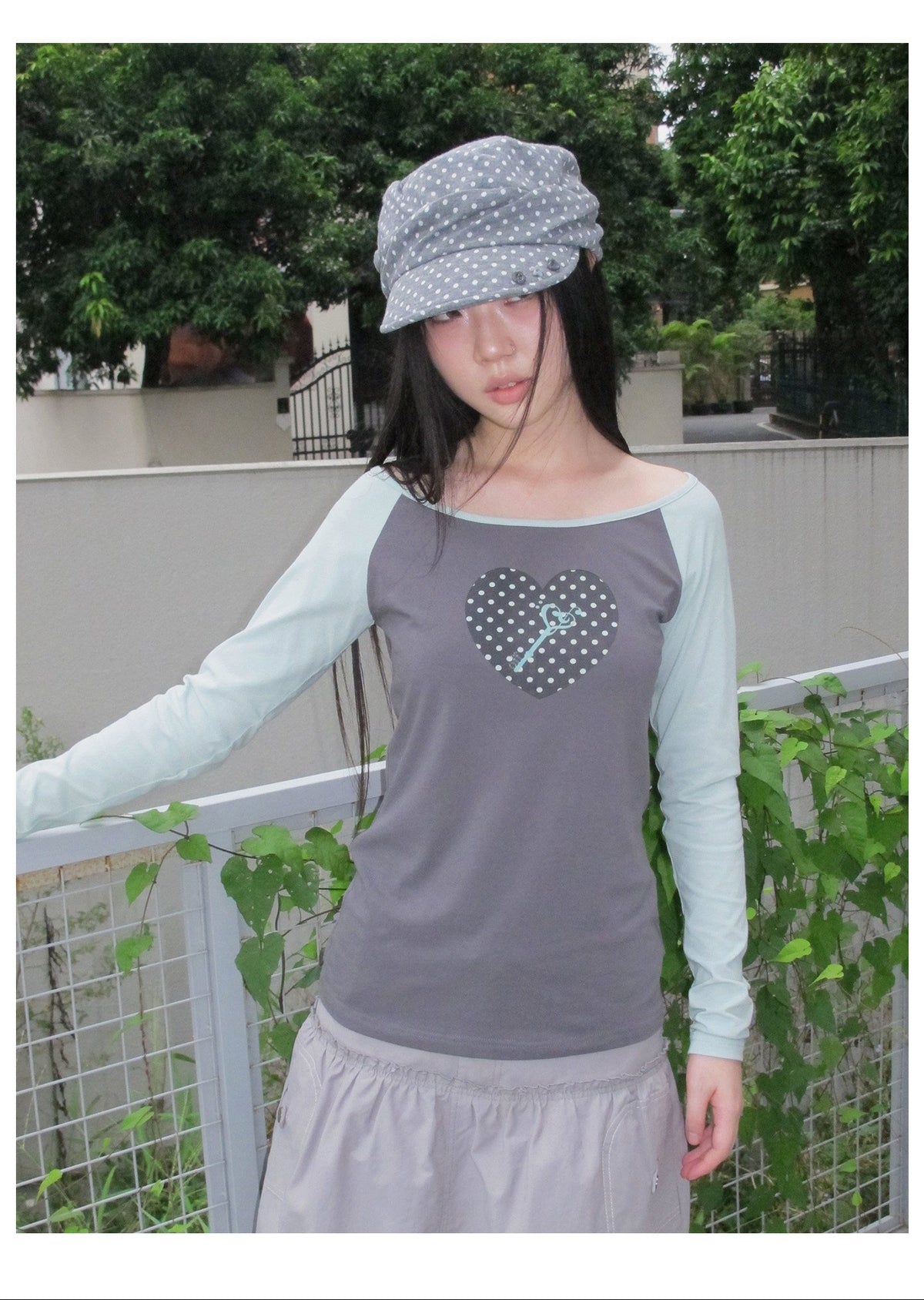 Polka Dot Heart Key Contrast Raglan Long Sleeve Tee