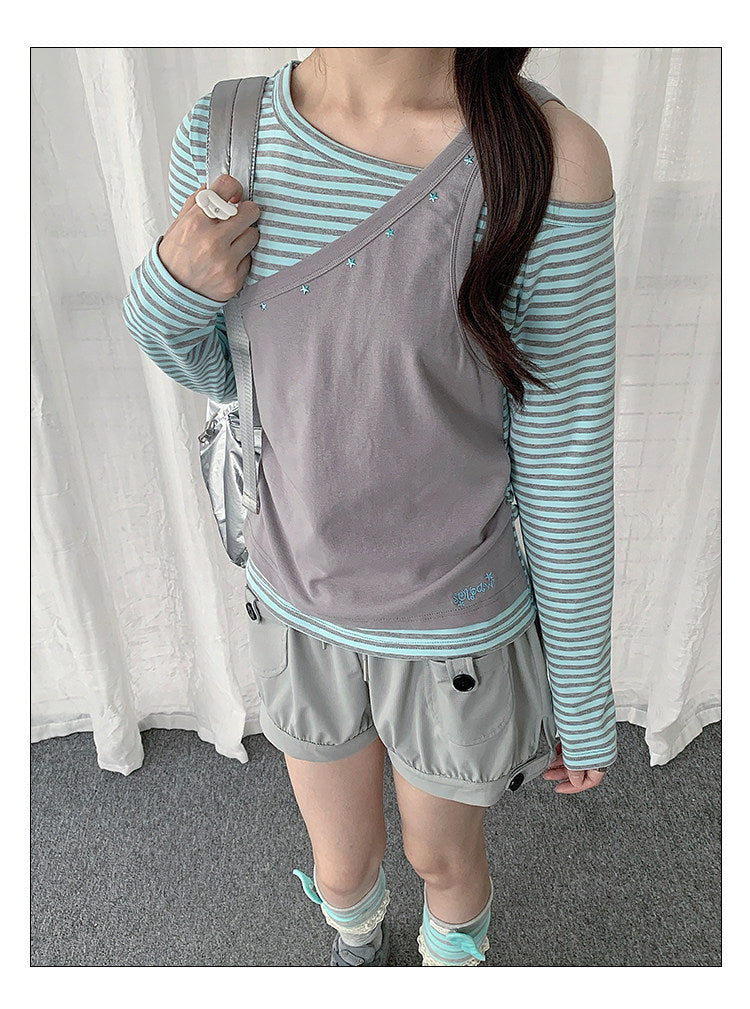 Gray Mint Stripe Asymmetric Faux-Layer Long Sleeve Top