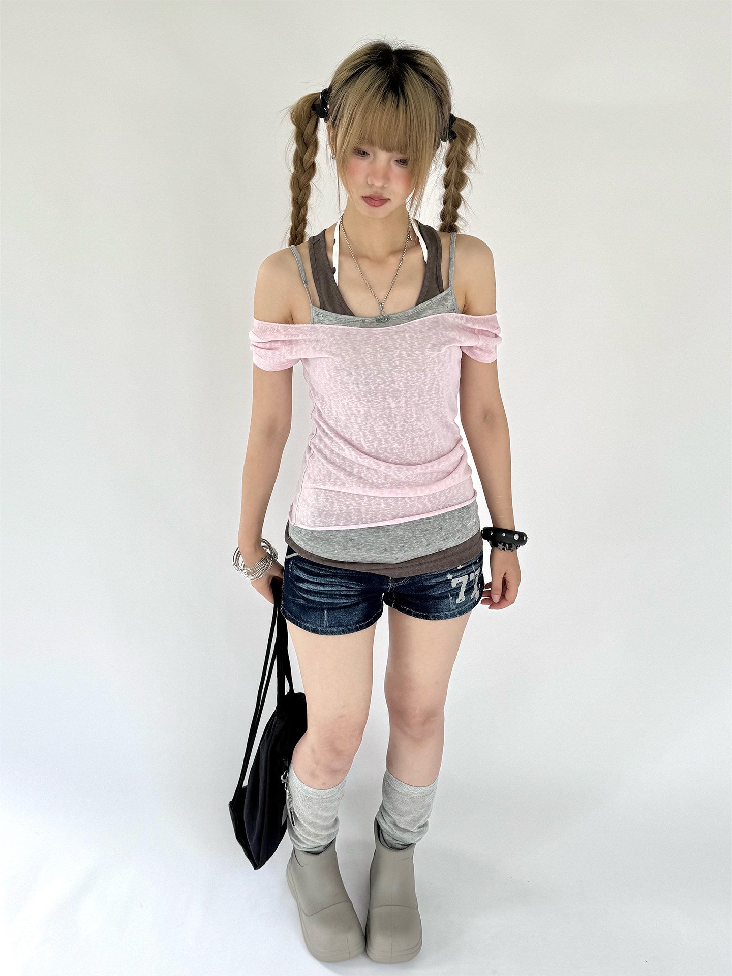 Pink Gray Triple-Layer Fitted Tee